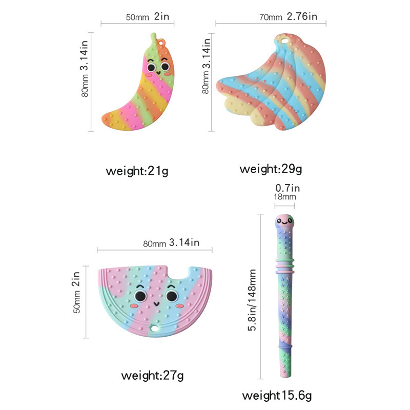 OEM/ ODM Food Grade Silicone Anti-dropping Silicone Baby Soft Fruit Shape Teether Molars for Feeding Teether Set Sensory Toy